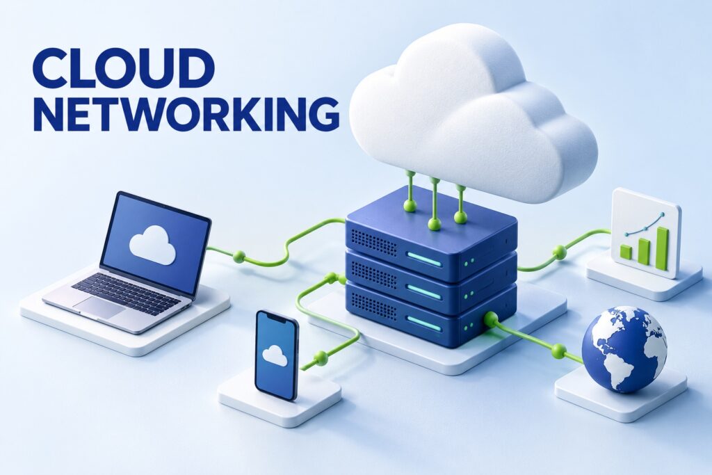 Cloud connected to servers, a laptop, a smartphone and global network services.