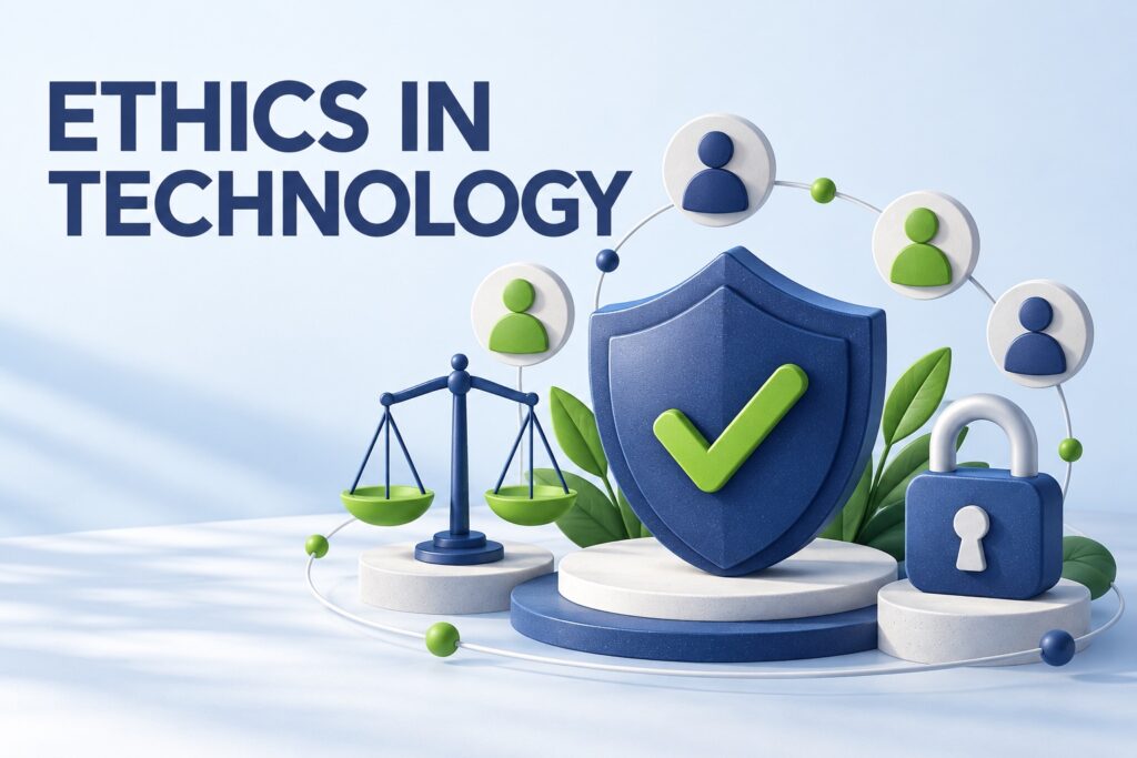 Shield, balance scales and padlock representing ethics, fairness and privacy in technology.