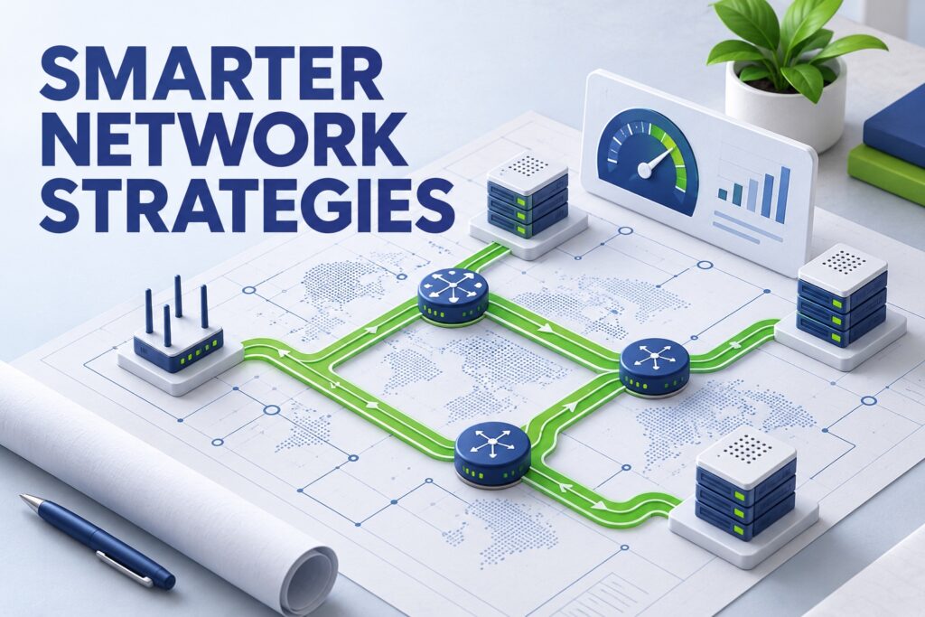 Network topology with routers, servers, data routes and a performance dashboard.