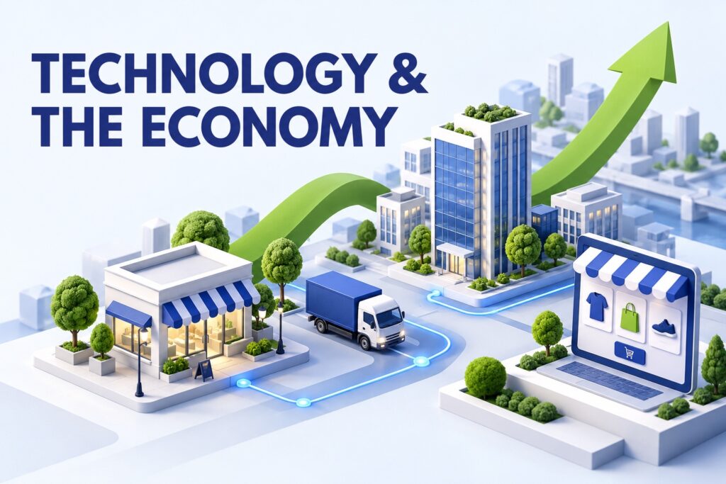 Digital businesses, online shopping and connected city buildings illustrating technology and the economy.
