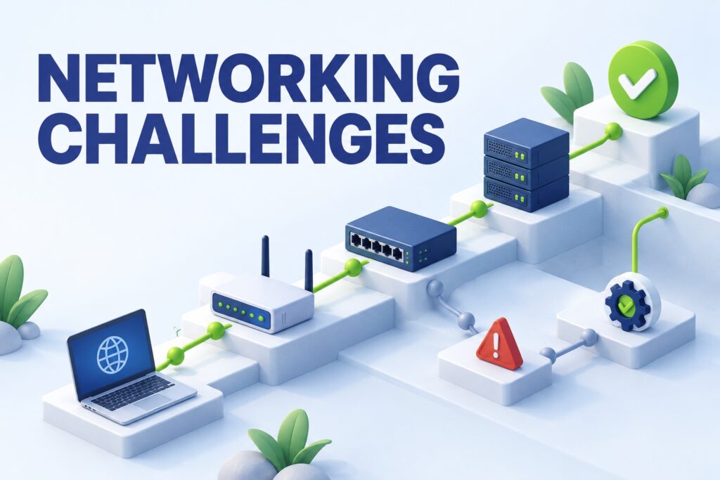 Networking devices arranged as learning steps with troubleshooting and progress symbols.