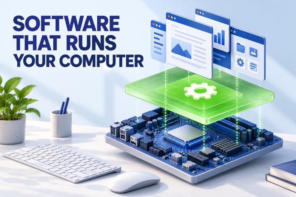 Operating system layer connecting application windows with computer hardware.