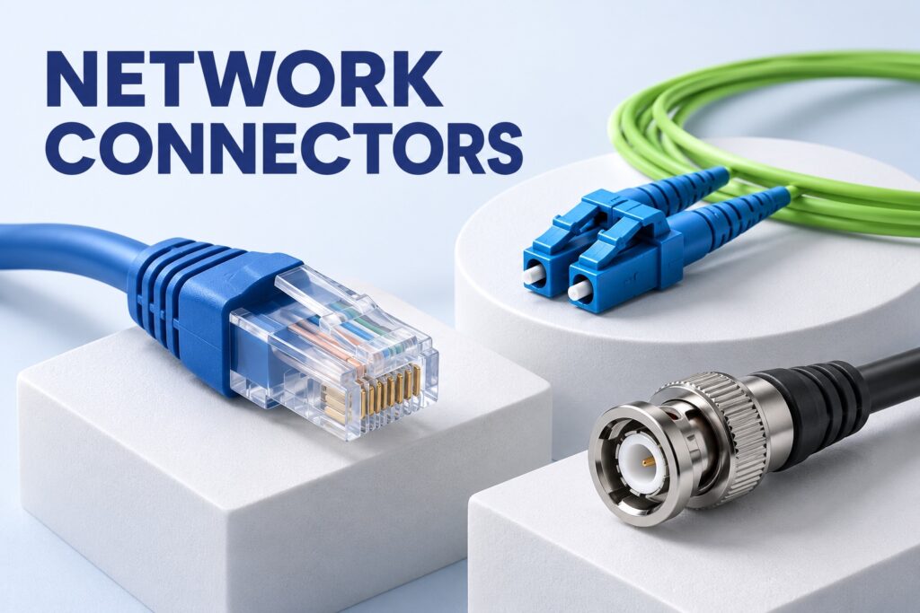 Ethernet RJ-45, fiber optic and coaxial network connectors shown side by side.