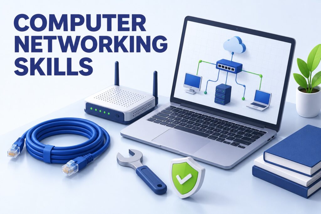 Laptop with network topology beside a router, Ethernet cable and troubleshooting tools.