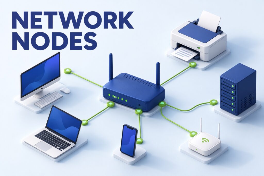 Network nodes including computers, a printer, phone and server connected to a router.
