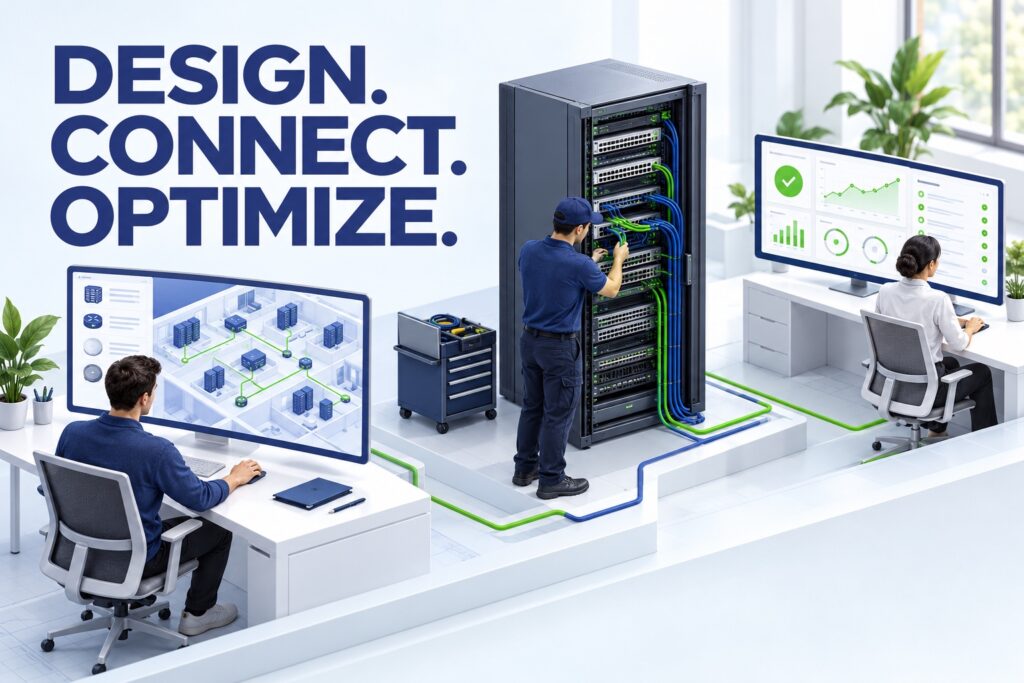 Network professionals designing a topology, installing server hardware and monitoring performance.