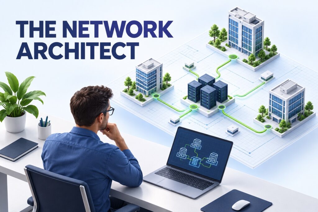 Network architect planning connected office buildings and server infrastructure on a laptop.