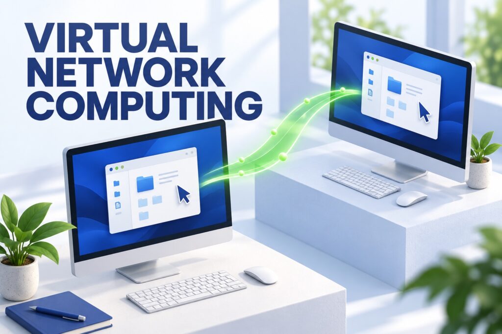 Laptop and desktop sharing a remote screen through a virtual network connection.