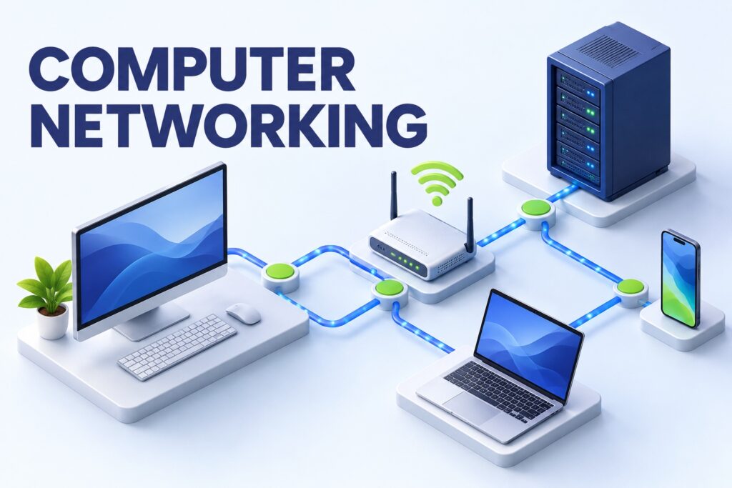 Desktop, laptop, server and phone connected through a router in a computer network.