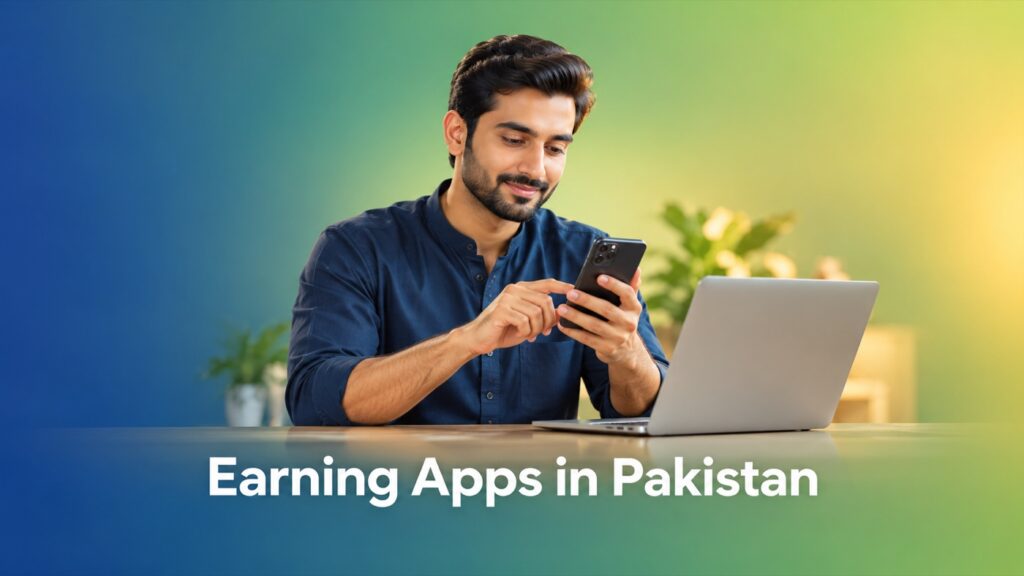 Earning apps in Pakistan: professional comparing work options on a smartphone and laptop