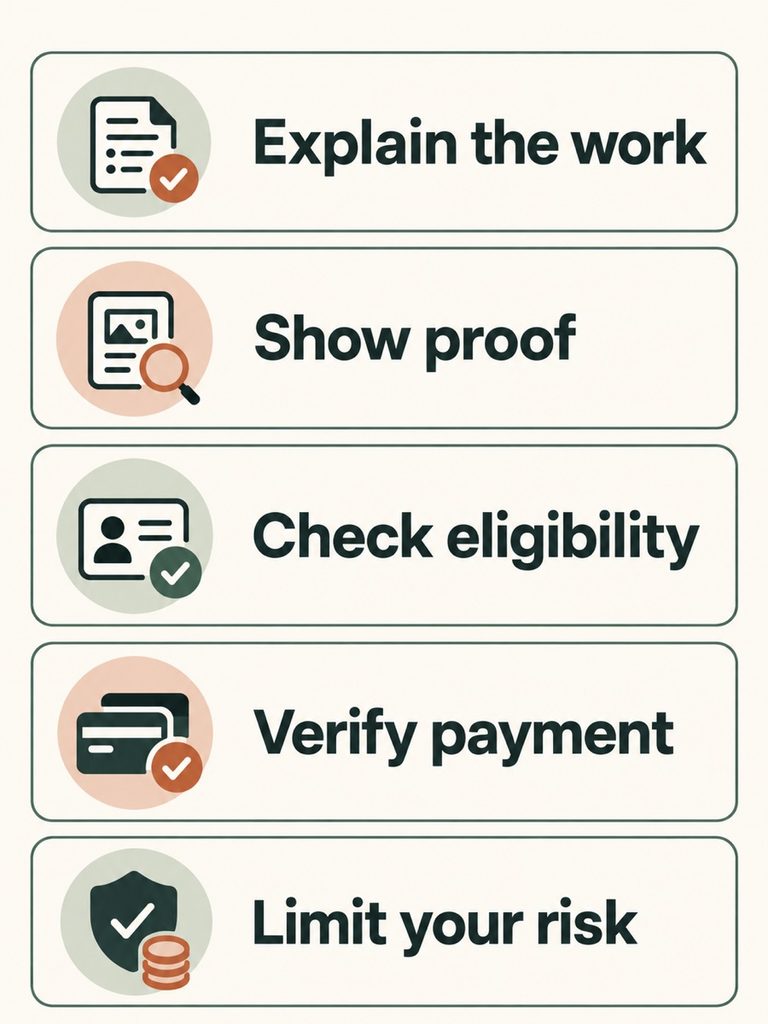 Five checks for an online earning opportunity: explain the work, show proof, check eligibility, verify payment, and limit risk